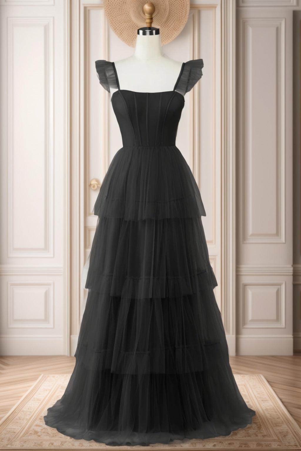 A-Line Sweep-Brush Train Tulle Prom Dress CS0471 - COCOMELODY
