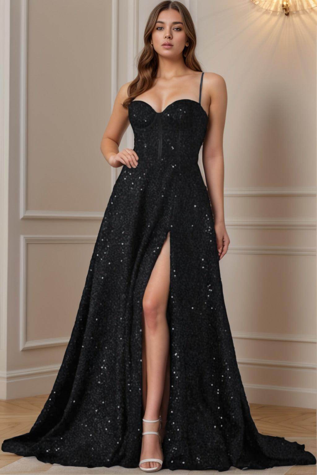 A-Line Sweep-Brush Train Sequined Prom Dress CS0404 - COCOMELODY