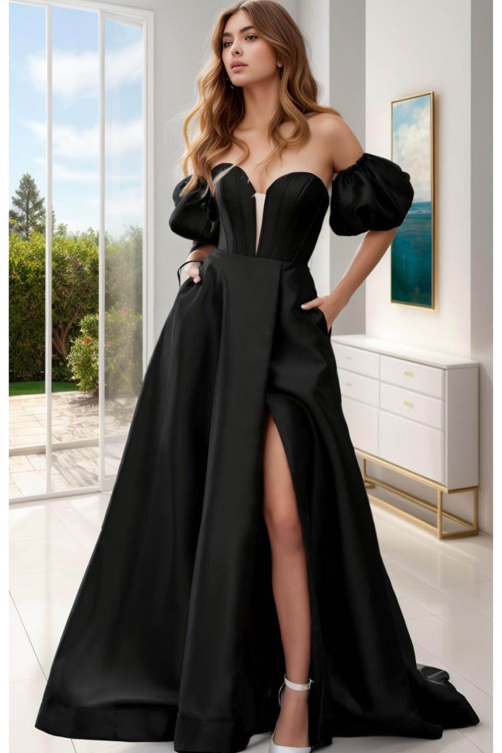 A-Line Sweep-Brush Train Satin Prom Dress CS0448 - COCOMELODY