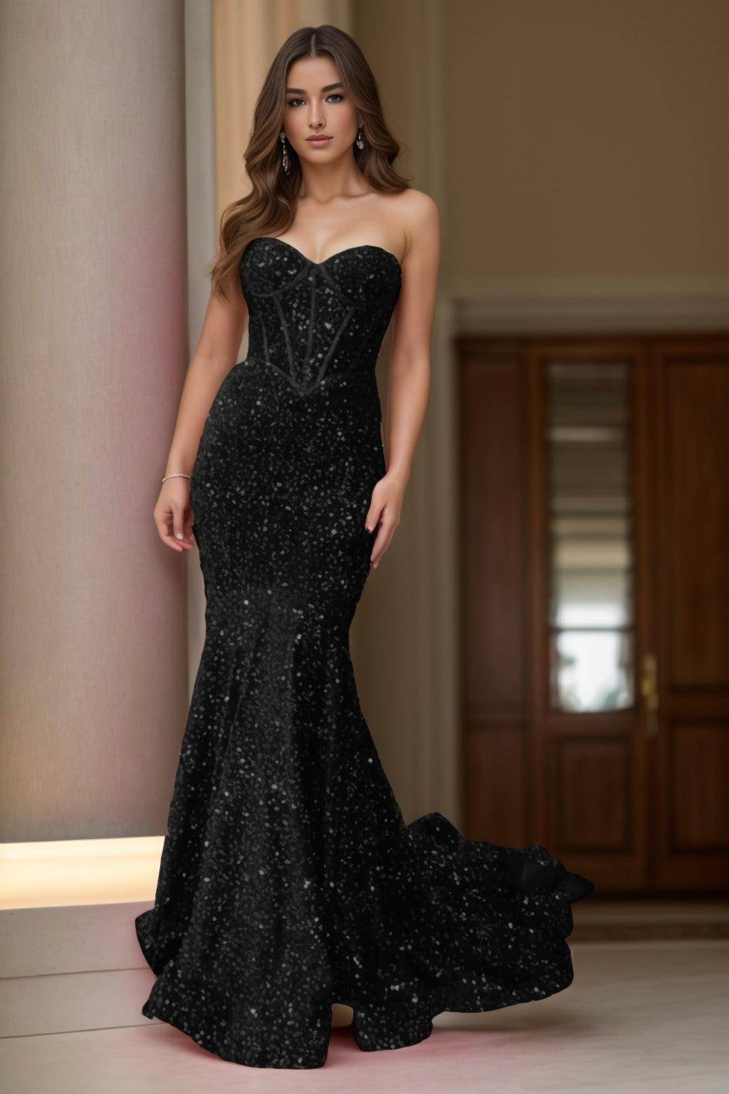 Trumpet-Mermaid Sweep-Brush Train Sequined Prom Dress CS0413 - COCOMELODY