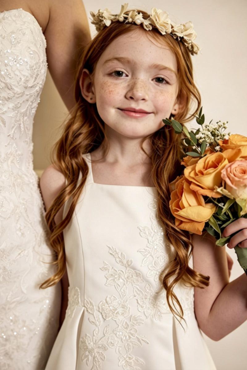 A-Line Ankle Length Satin Square Neck Appliques Flower Girl Dresses 1061417986274 - 7 Days / As Picture / 100cm - COCOMELODY