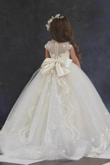 A-Line Illusion Neck Cap Sleeve Tulle Sweep-Brush Train Flower Girl Dresses 897953682012 - COCOMELODY
