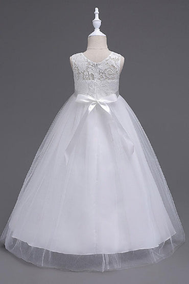 A-Line Round Neck Sleeveless Floral Lace Floor Length Tulle Flower Girl Dresses 1030687853202 - 7 Days / White / 120cm - COCOMELODY