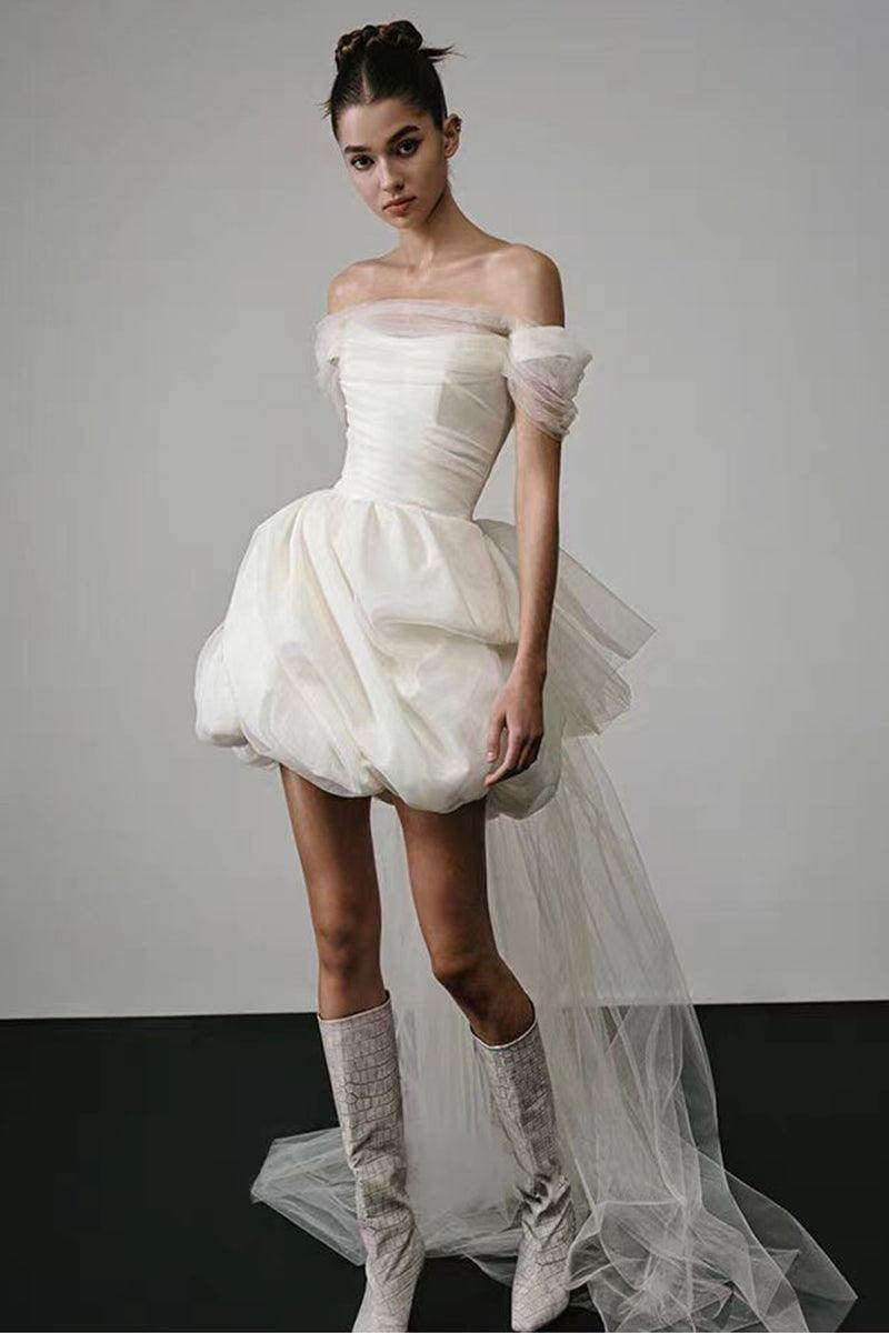 Ball Gown Short-Mini Satin Tulle Wedding Dress 771775523326 - COCOMELODY