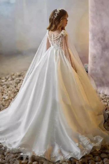 A-Line Illusion Sweetheart Neck Cap Sleeve Satin Sweep-Brush Train Flower Girl Dresses 937382238421 - 10 Days / White / 2 - COCOMELODY