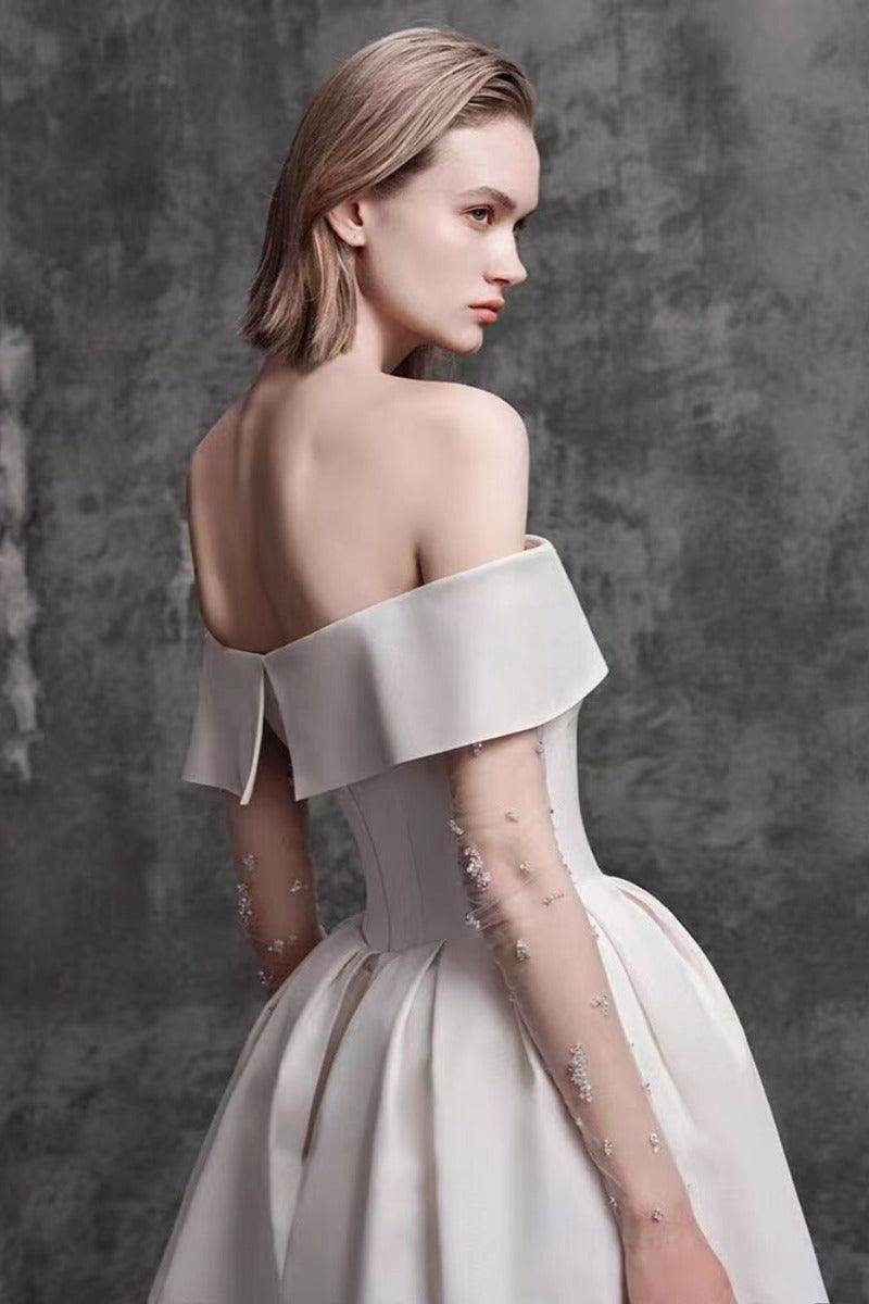 A-Line Tea Length Satin Wedding Dress 796475057645 - COCOMELODY