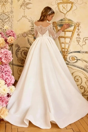 A-Line Off-Shoulder Beaded Satin Flower Girl Dresses 1059107968671 - 10 Days / Ivory / 2 - COCOMELODY