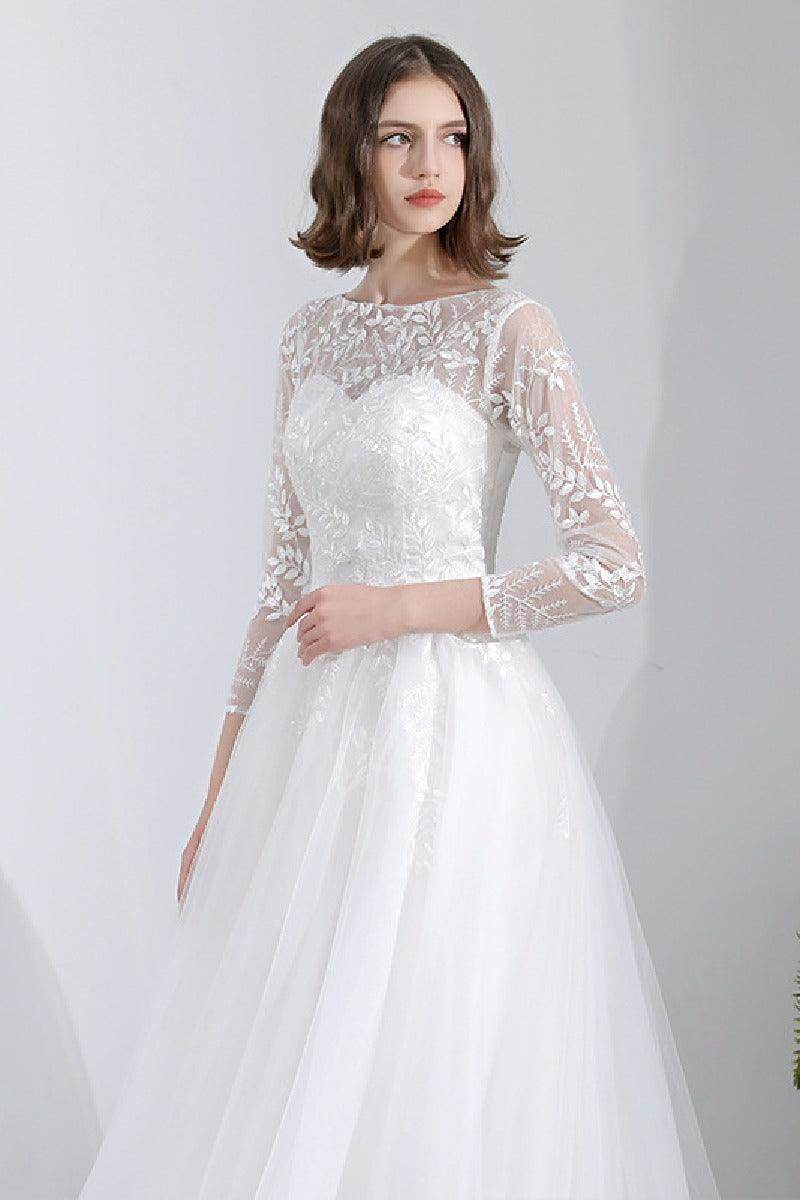 A-Line Floor Length Lace Tulle Wedding Dress 629871670095 - COCOMELODY