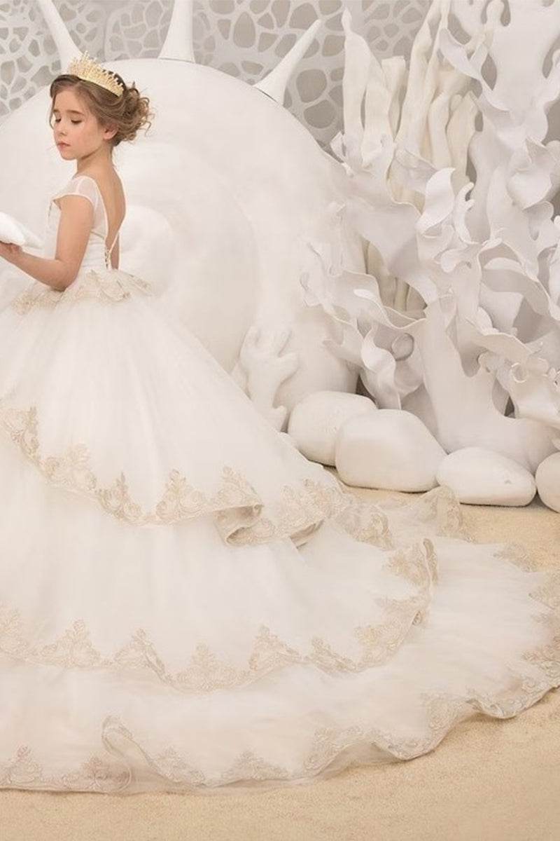 Ball Gown Court Train Tulle Lace Flower Girl Dress 737454268619 - COCOMELODY