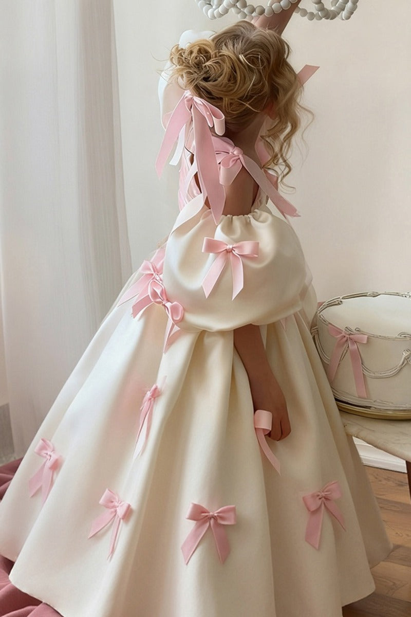 Ivory Satin Cold Shoulder Pink Bows Floor Length Flower Girl Dresses 1035700305747