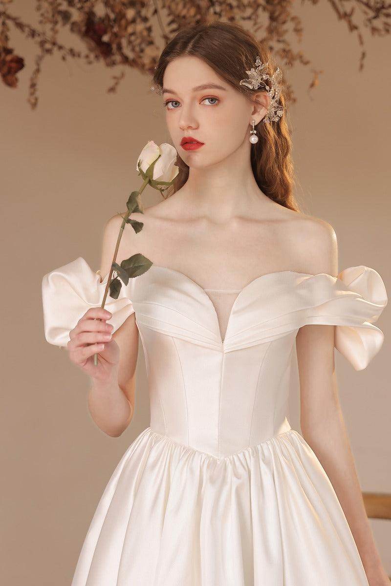 A-Line Floor Length Satin Wedding Dress 708336222057 - COCOMELODY