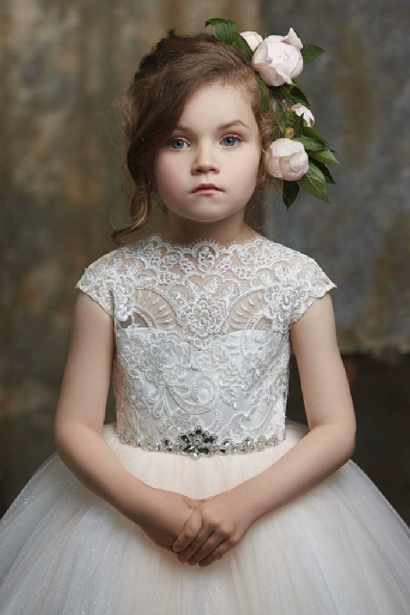 High Neck Cap Sleeve All Lace Bodice Tulle Flower Girl Dresses 654963002609 - 7 Days / As Picture / 2 - COCOMELODY