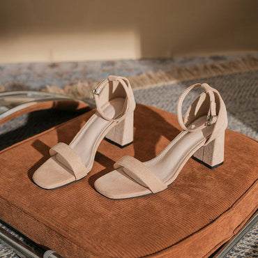 Timeless Ankle Strap Sandals Suede Finish Block Heel Shoes 590595481222 - 7 Days / Khaki-7cm / 34 - COCOMELODY