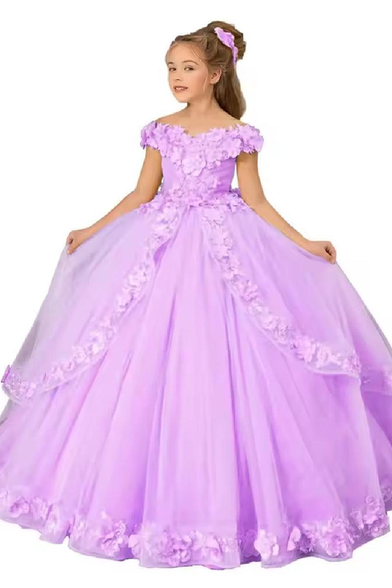 A-Line Off The Shoulder Cap Sleeve Tulle Court Train Flower Girl Dresses 905552294527 - 7 days / Lilac / 2 - COCOMELODY