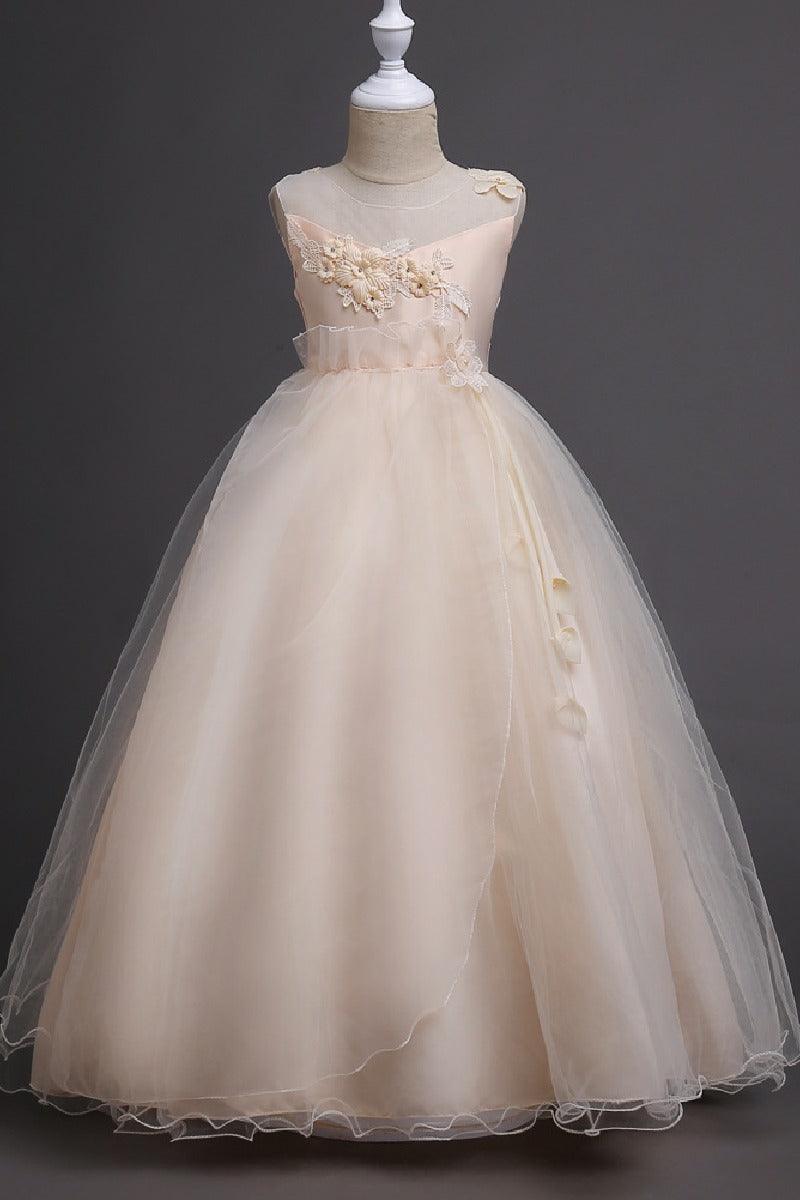 A-Line Illusion Neck Appliques Floor Length Tulle Flower Girl Dresses 1031510840050 - 7 Days / Champagne / 120cm - COCOMELODY