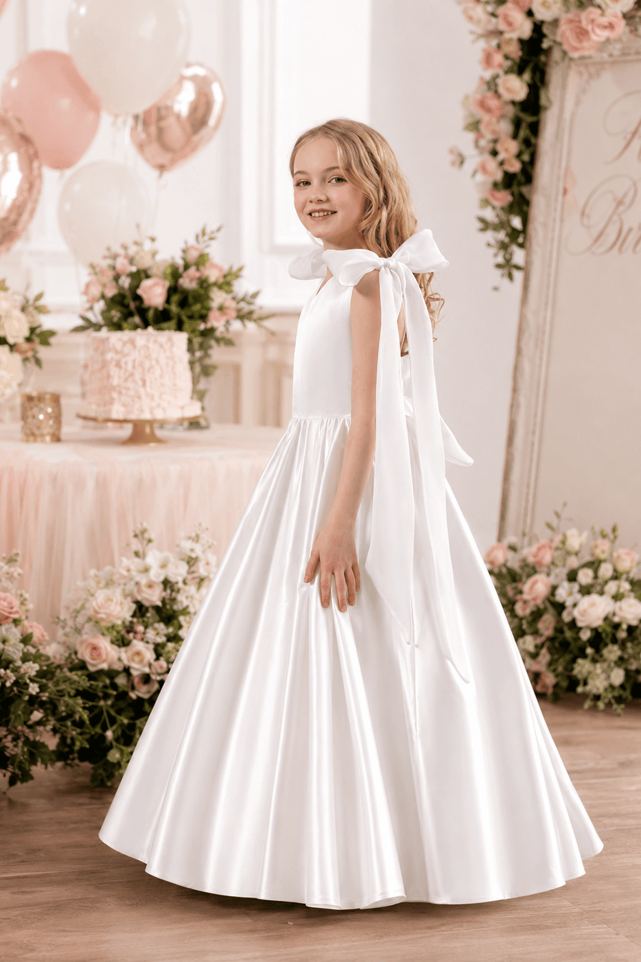A-Line Satin Bow Shoulder Straps Sleeveless Flower Girl Dresses 955761680626 - 7 Days / As Picture / 130cm - COCOMELODY