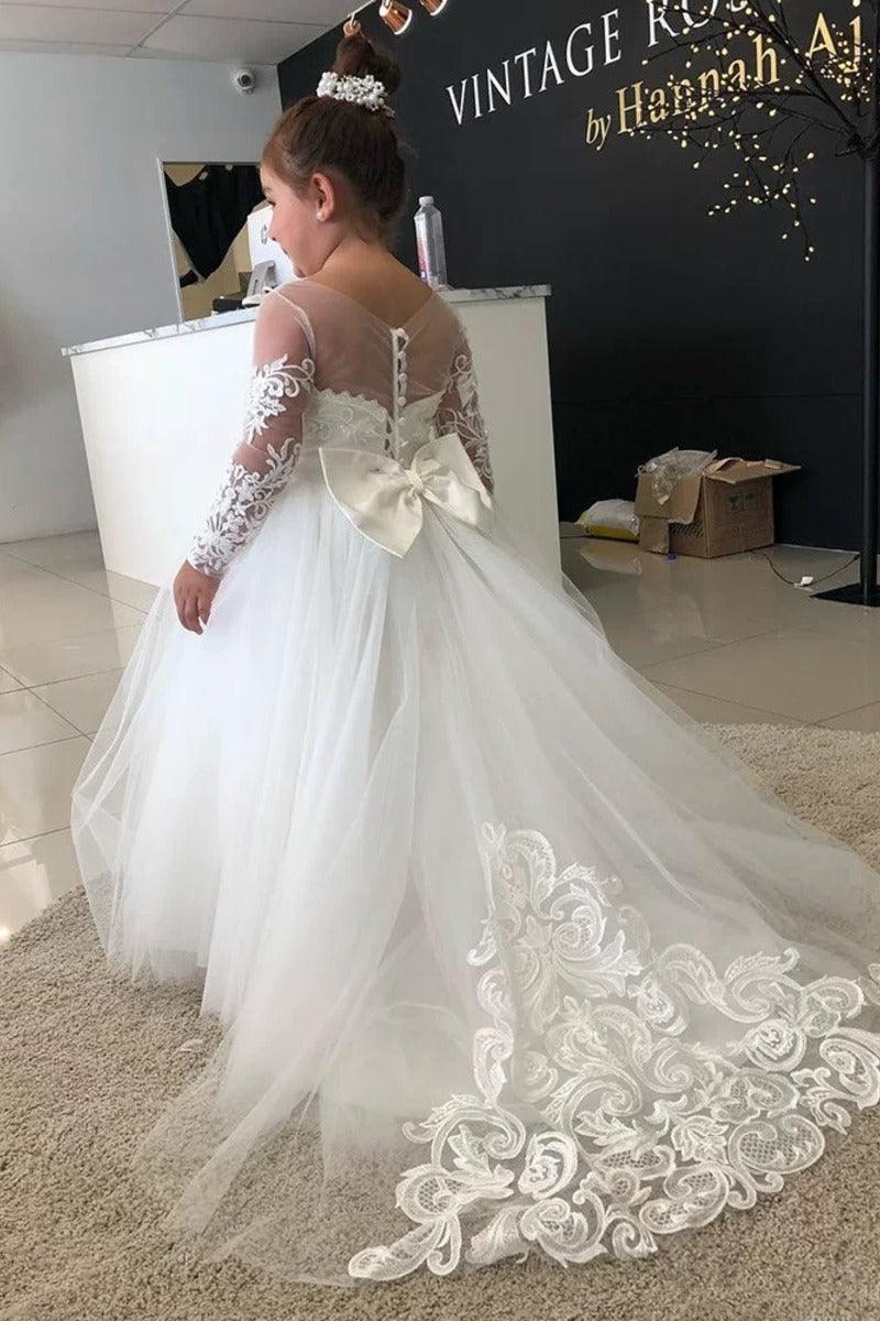 A-Line Illusion Lace Sweep-Brush Train Tulle Flower Girl Dresses 672076219063 - 7 Days / White / 90cm - COCOMELODY