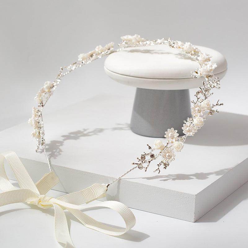 Bridal headwear White ceramic flower headband rhinestone headband 572789757034 - COCOMELODY