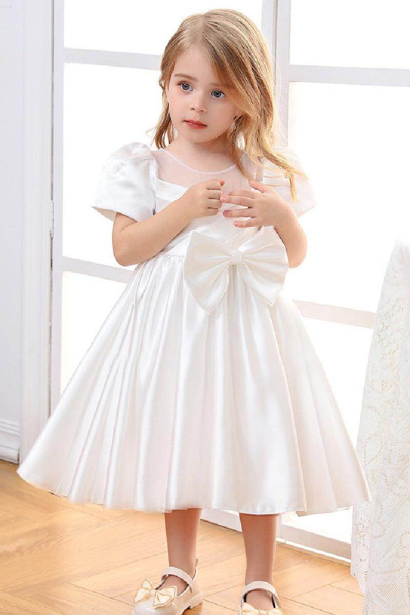 A-Line Illusion Neck Short Sleeves Satin Flower Girl Dresses With Bow(s) 669333816098 - COCOMELODY