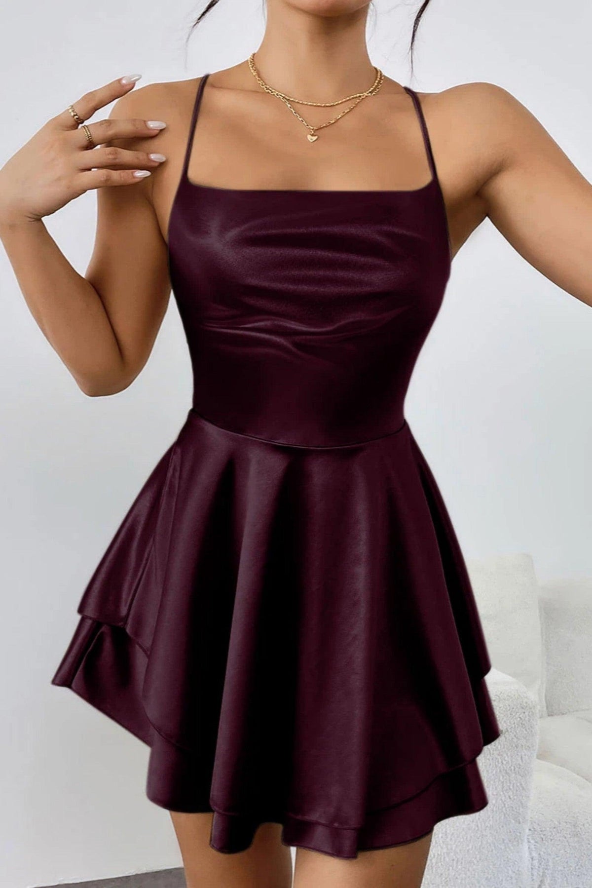 Short Mini Spaghetti Spandex Satin Cocktail Guest Dresses 911969027491 - 7 Days / Dark Purple / XS - COCOMELODY