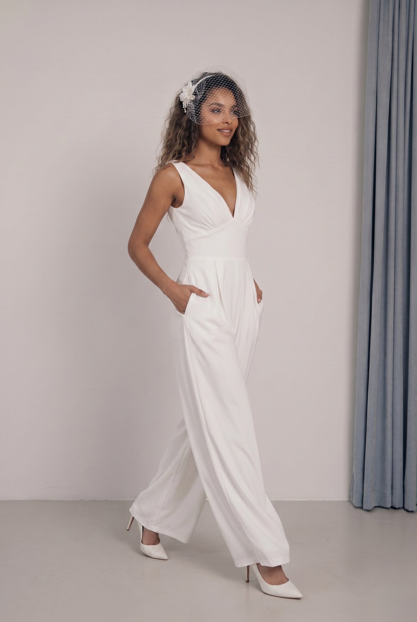 V-Neck Floor Length Chiffon Wedding Jumpsuit 916220687859