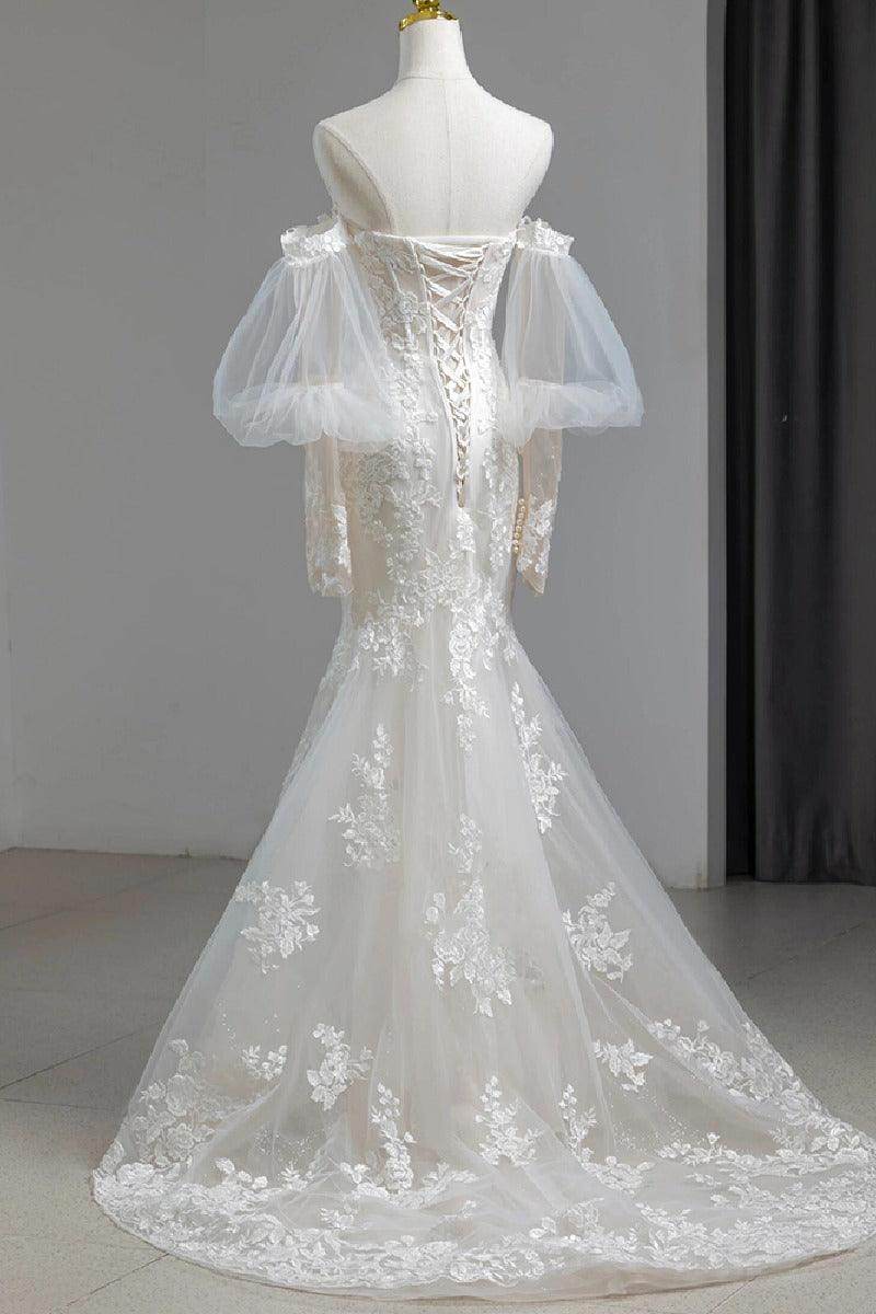 Trumpet-Mermaid Sweep-Brush Train Lace Tulle Wedding Dress795300012049 - COCOMELODY