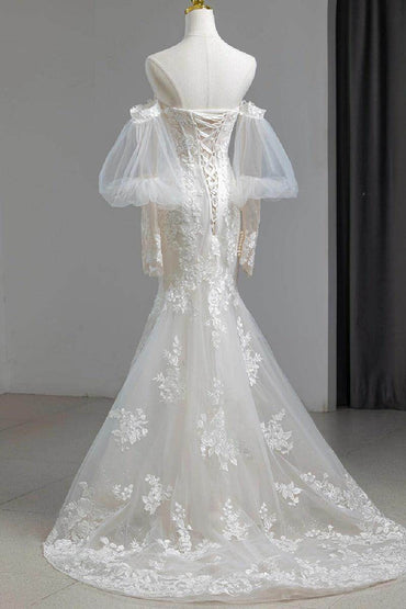 Trumpet-Mermaid Sweep-Brush Train Lace Tulle Wedding Dress795300012049 - COCOMELODY