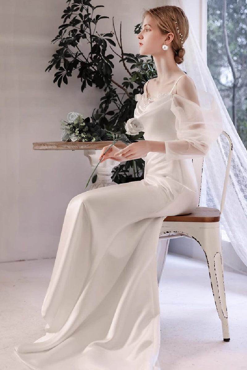 Sheath-Column Sweep-Brush Train Satin Wedding Dress 842075307132 - COCOMELODY