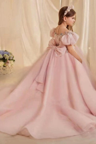 A-Line Puff Sleeves Sweep-Brush Train Illusion Flower Girl Dresses 769681401101 - 10 Days / As Picture / 2 - COCOMELODY