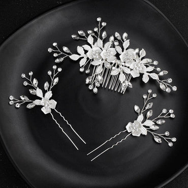 Bridal Headwear Flower Leaf Hair Comb Pin Exquisite hair ornaments Alloy flower Hairpin comb set 566273410210 - COCOMELODY