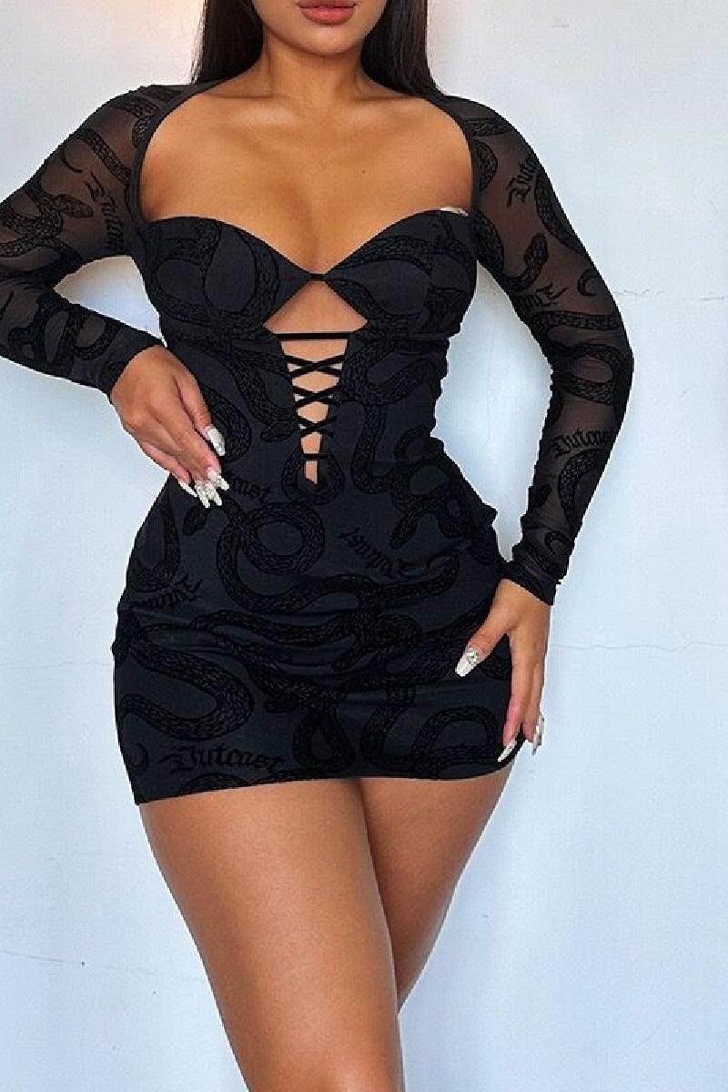 Lace long sleeve hollowed-out sexy cocktail dress 817080662499 - COCOMELODY