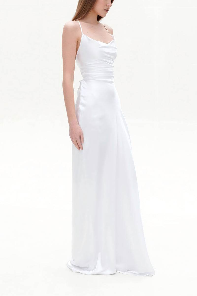 Sheath-Column Sweep-Brush Train Silk-Like Little White Dress 100044 - COCOMELODY