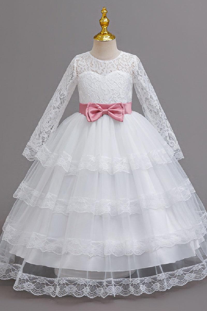 A-Line Long Sleeve Illusion Neck Tiered Lace Tulle Floor Length Flower Girl Dresses 1050524780369 - 7 Days / White / 120cm - COCOMELODY