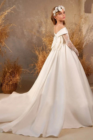 A-Line Off The Shoulder Neck Long Sleeve Satin Flower Girl Dresses 788625737873 - COCOMELODY