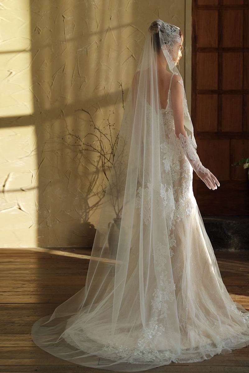 One-tier Lace Edge Tulle Lace Cathedral Veils with Appliques 888802558270 - COCOMELODY