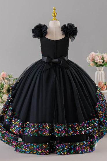 Ruffled Flutter Shoulder Sequin Ruffled Trim Bodice Tulle High-Low Flower Girl Dresses 1029823265576 - 7 Days / Gray / 110cm - COCOMELODY