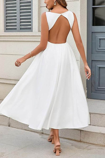 A-Line Tea Length Elastic Cloth Little White Dress 100029 - COCOMELODY