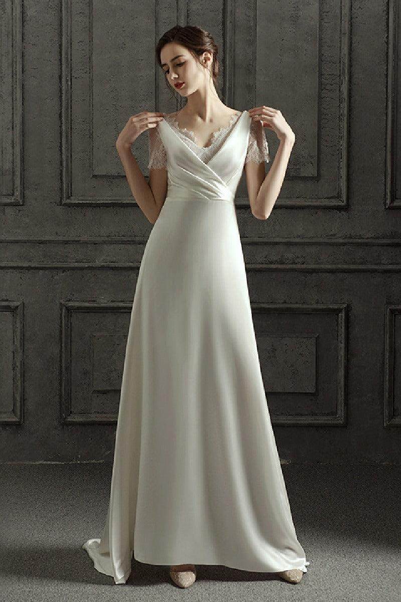 A-Line Sweep-Brush Train Satin Wedding Dress 687832654102 - COCOMELODY