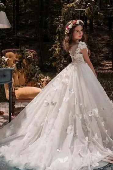 Ball Gown Illusion Neck Cap Sleeve Tulle Court Train Flower Girl Dresses 616972096505 - 7 Days / Ivory / 2 - COCOMELODY