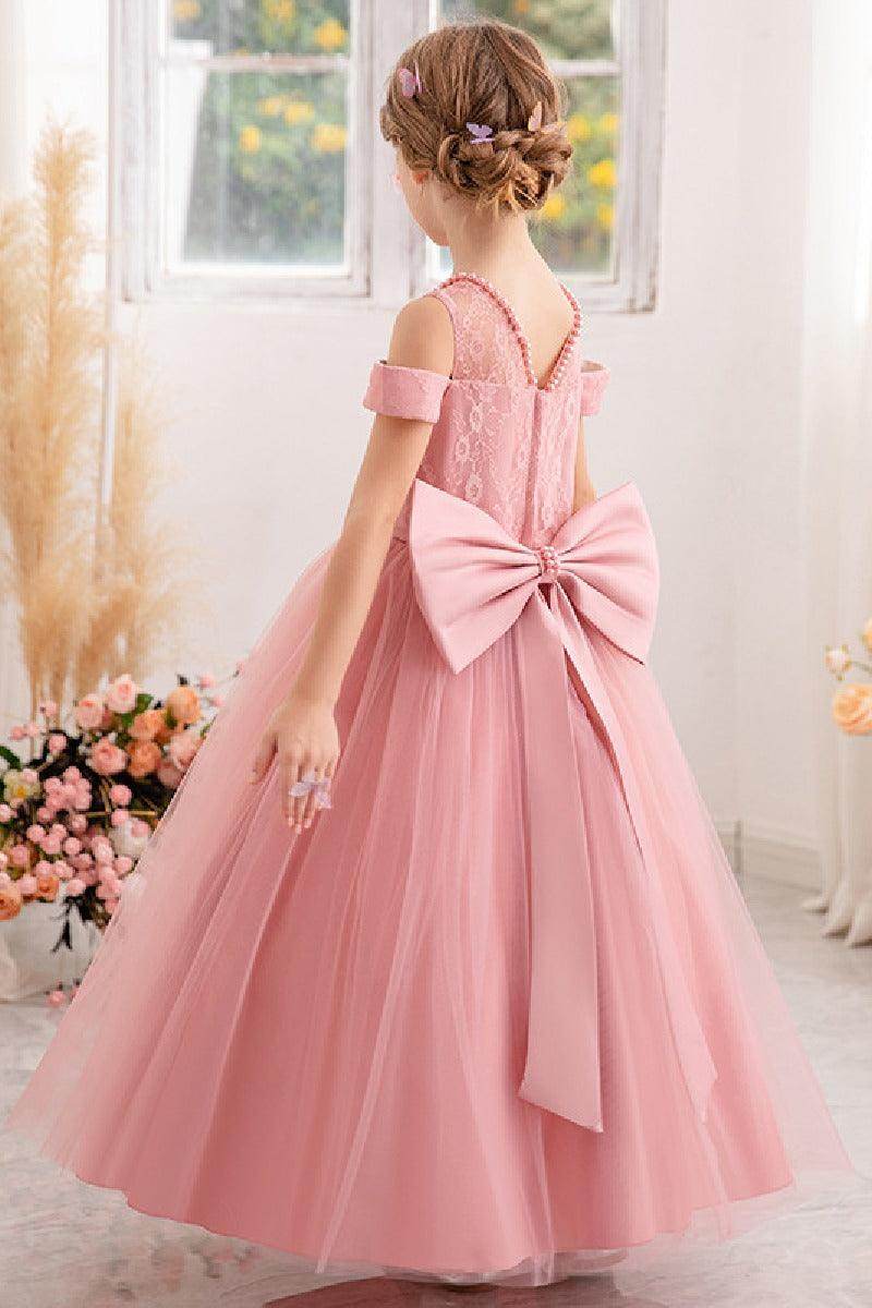 Ball-Gown/Princess Off the Shoulder Short Sleeves Tulle Floor-length Flower Girl Dresses With Lace 741957862179 - COCOMELODY