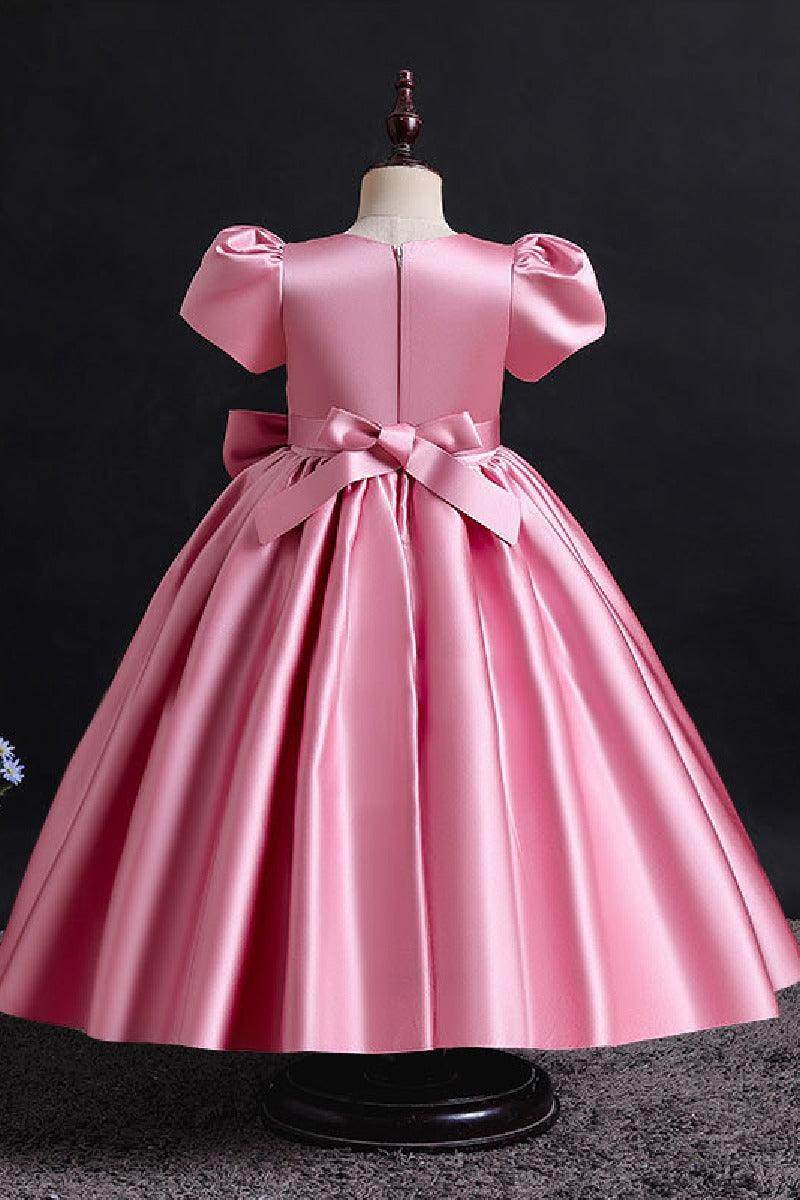 A-Line Illusion Neck Short Sleeves Satin Flower Girl Dresses With Bow(s) 669333816098 - COCOMELODY