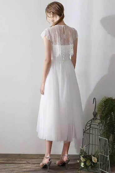 A-Line Tea Length Lace Tulle Wedding Dress 862471719437CR - COCOMELODY