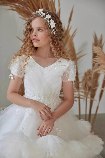 Floor Length A-Line V-Neck Short Sleeve Tulle Flower Girl Dresses 937502824085 - 10 Days / White / 2 - COCOMELODY