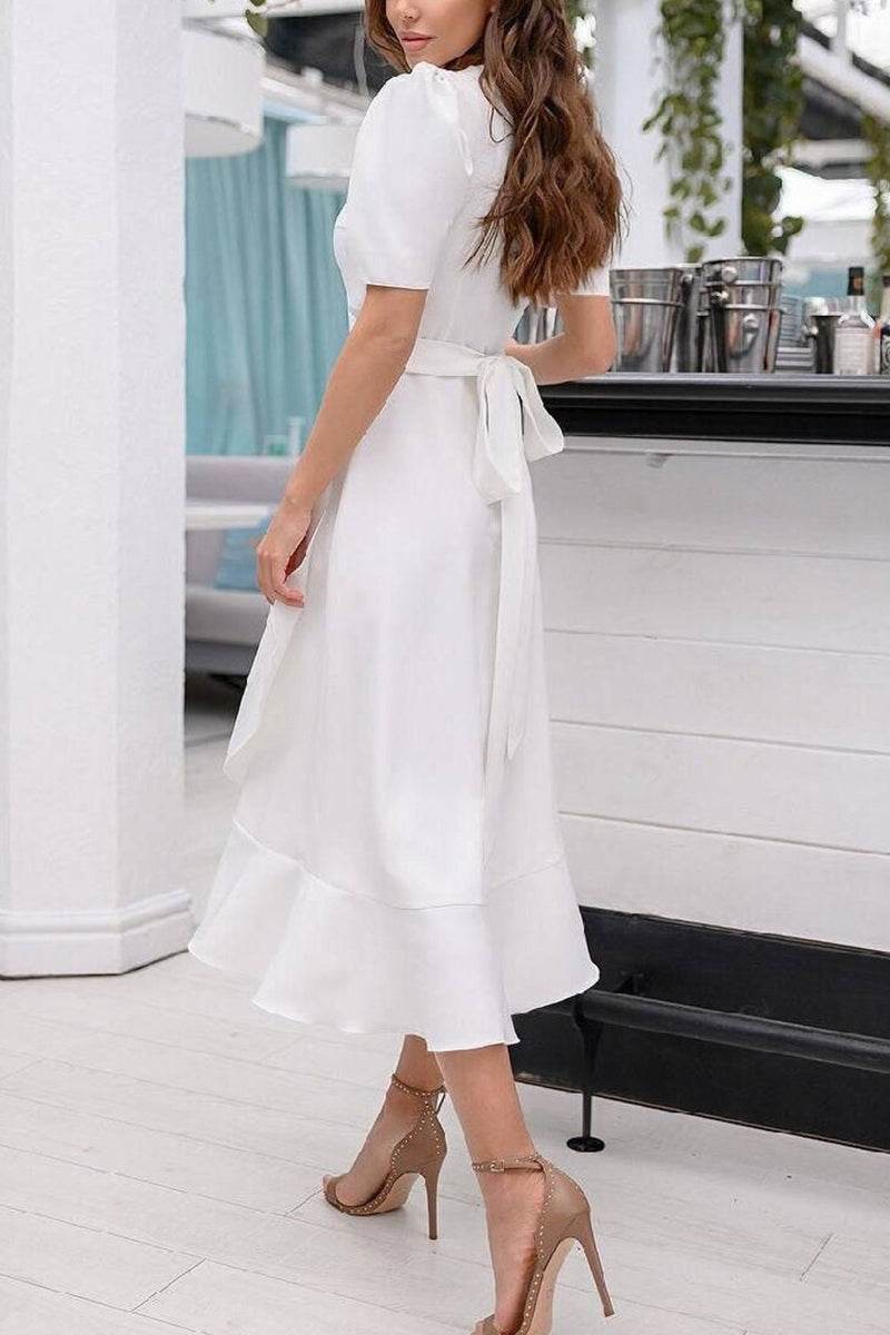 A-Line Tea Length Chiffon Little White Dress 100003 - COCOMELODY