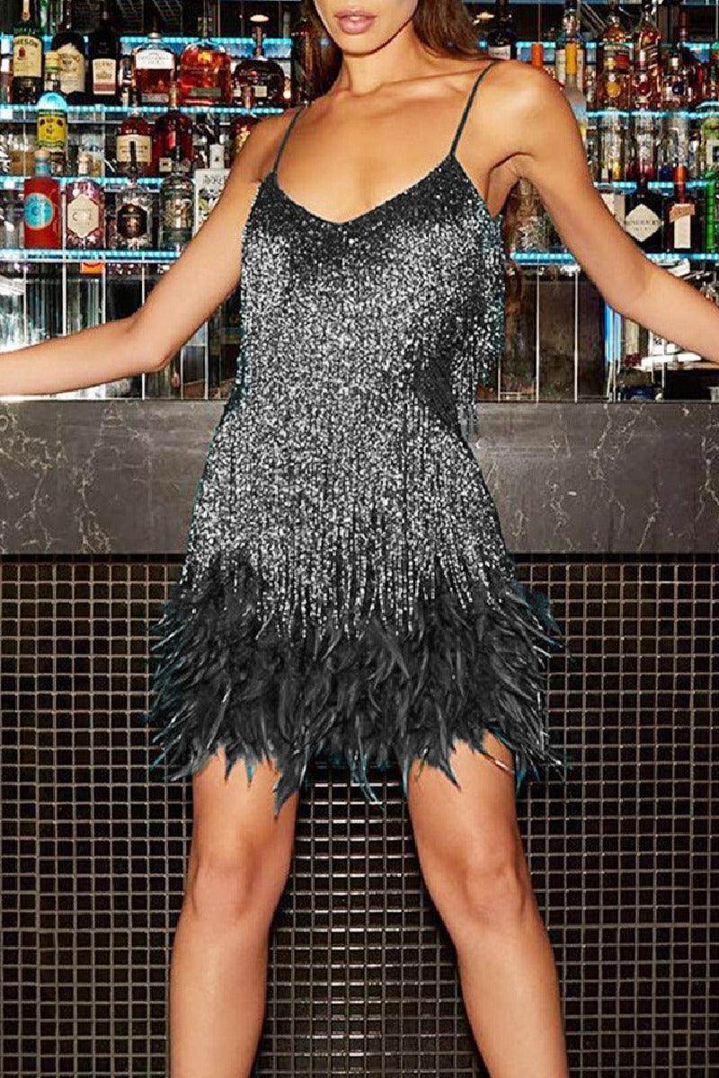Fringed sequin sexy V-neck cocktail dress 715257715853 - COCOMELODY