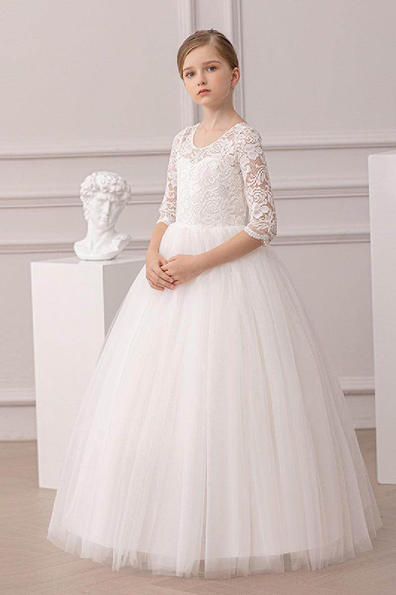 Ball-Gown Illusion Neck 3/4 Length Sleeve Lace/Tulle Flower Girl Dresses With Lace 855880153423 - COCOMELODY