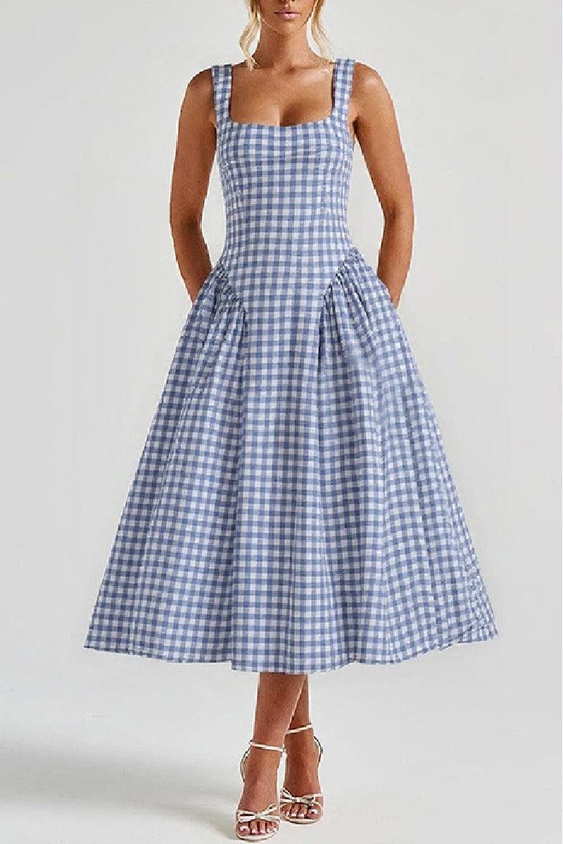 A-Line Tea Length Printed Cotton Wedding Guest Dress 1040459988093 - 10 Days / BLue / XS - COCOMELODY