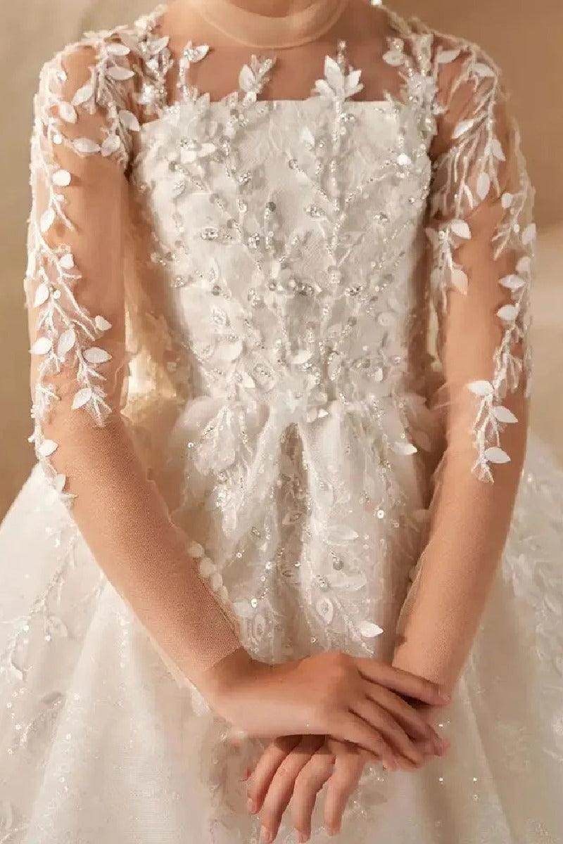 A-Line Illusion Neck Long Sleeve Tulle Court Train Flower Girl Dresses 757294973843 - COCOMELODY