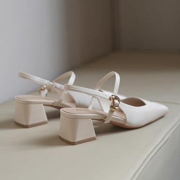Slingback Block Heel Adjustable Strap Square Toe Shoes 895592040999 - 7 Days / Ivory / 34 - COCOMELODY