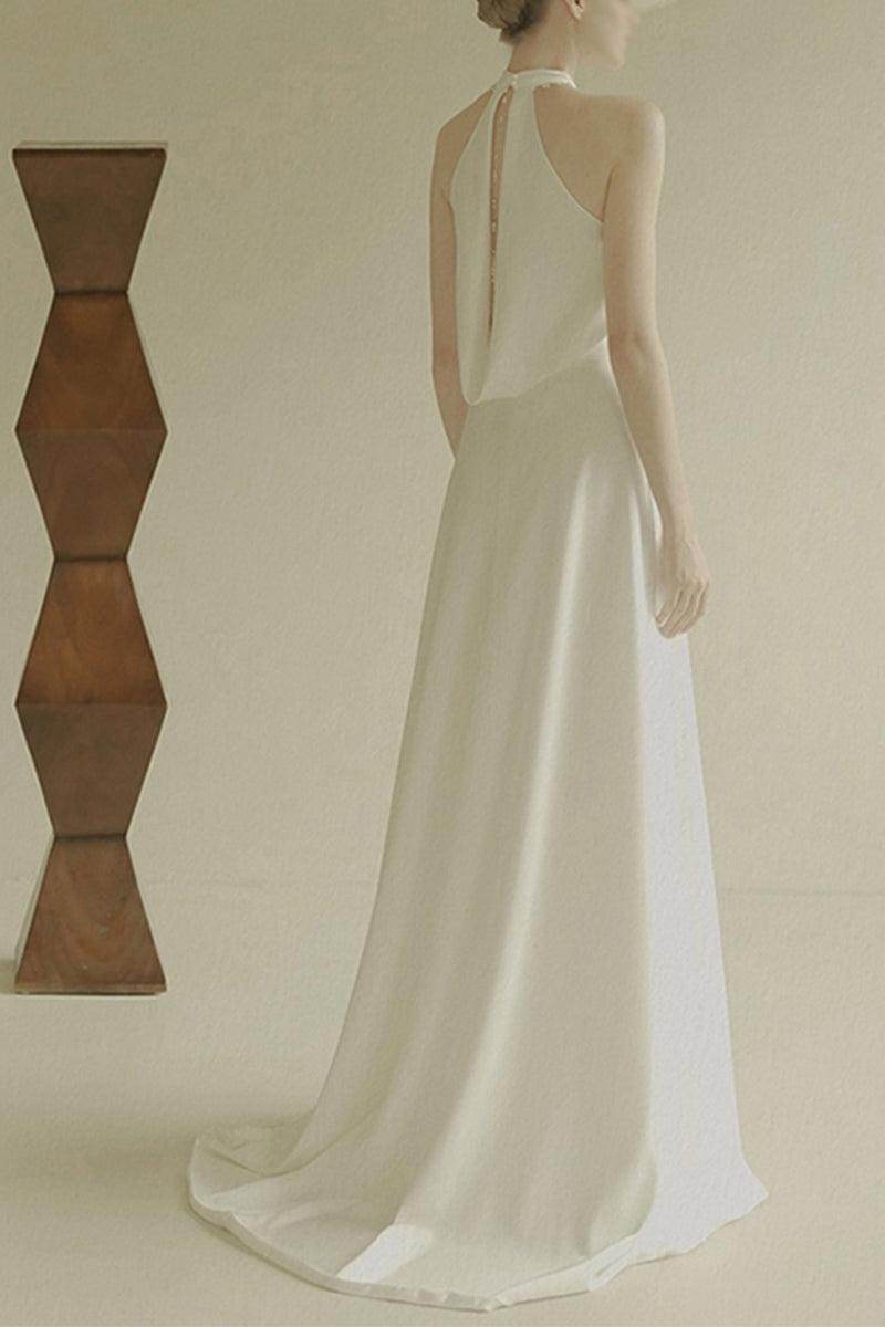 A-Line Sweep-Brush Train Acetate Satin Wedding Dress 655190338774 - COCOMELODY